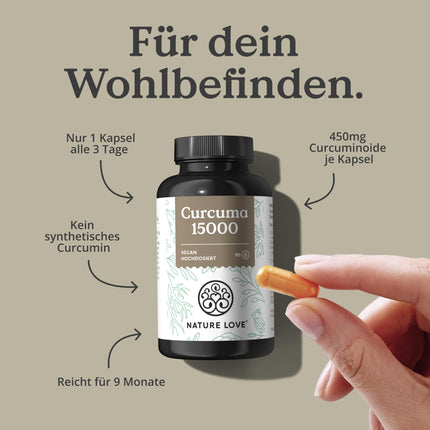 NATURE LOVE® Curcuma 15000mg - kurkumas kapsulas - 9 mēnešu krājumi - augsta kurkumīna deva 95% vienā kapsulā - ar melnajiem pipariem - vegāns, laboratorijā pārbaudīts un ražots Vācijā