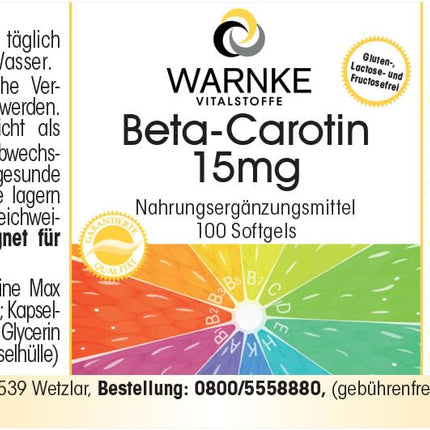 Beta karotīns 15 mg - 100 mīkstās kapsulas 100 dienām, karotinoīds, provitamīns A | Warnke Vitalstoffe - Vācijas aptieku kvalitāte