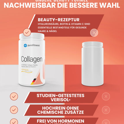 Purefitness Verisol® kolagēna pulveris 450 g [1.3. KLASE] ar BEAUTY formulu - patentēts Verisol® kolagēna peptīds - kolagēna pulveris ar hialuronskābi, biotīnu un C vitamīnu