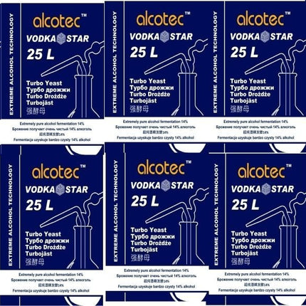 Alcotec Vodka Star 10 x 66g - Turbo raugs ātrai fermentācijai - Augsta - Pieaugušajiem - Pulveris - Bezgaršas - 21 litri - Neitrāls alkohols - Uzglabāt vēsā, sausā vietā