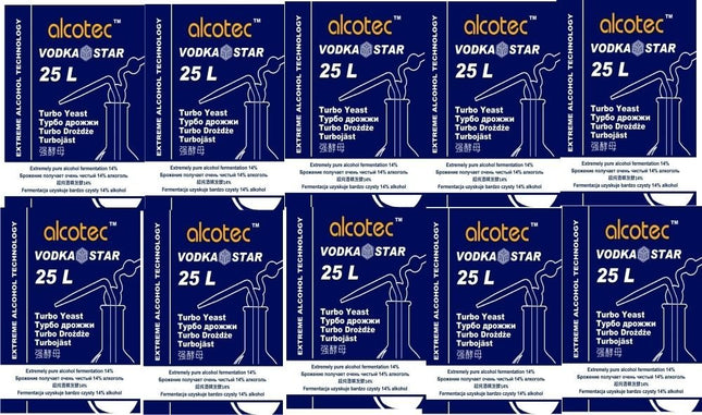 Alcotec Vodka Star 10 x 66g - Turbo raugs ātrai fermentācijai - Augsta - Pieaugušajiem - Pulveris - Bezgaršas - 21 litri - Neitrāls alkohols - Uzglabāt vēsā, sausā vietā