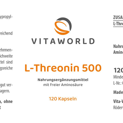 vitaworld L-treonīns 500 mg, neaizvietojamā aminoskābe, 120 kapsulas