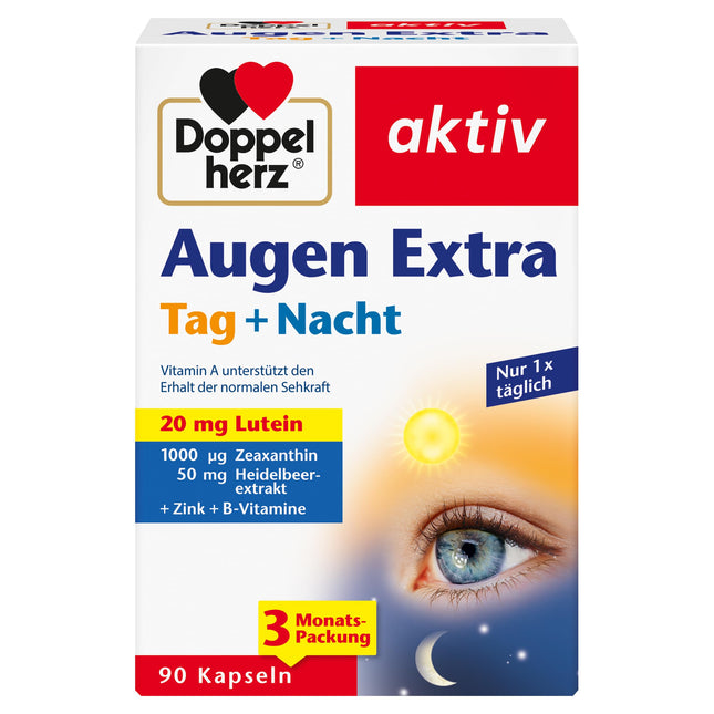 Doppelherz Eyes Extra Day + Night - ar luteīnu, zeaksantīnu - 5 vitamīniem un folskābi - 90 kapsulas