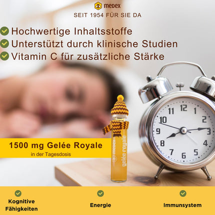Medex Organic Royal Jelly FORTE, īpaši stiprs ar 1500 mg peru pieniņa, šķidrums ampulās, viegli atverams, ar dabīgu C vitamīnu, no bioloģiskās lauksaimniecības, 10 x 9 ml