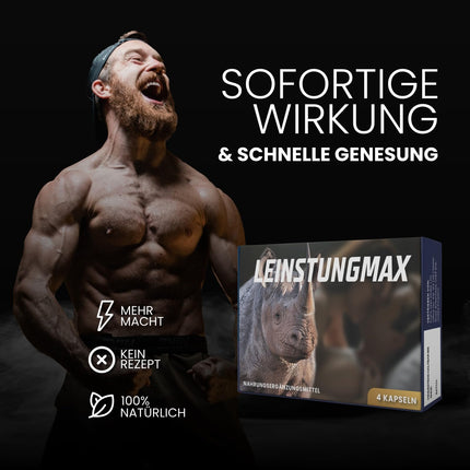 LEINSTUNGMAX Īpaši spēcīgas stiprinoša kapsulas aktīviem vīriešiem. 4 kapsulas ar augstu tīra žeņšeņa ekstrakta devu vīrieša kaislīgo mirkļu tūlītējam atbalstam | 100% dabīgs