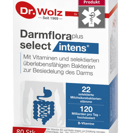 Dr. Wolz Darmflora plus select intens - 80 augstas devas kapsulas - 22 pienskābes baktēriju celmi - 120 miljardi baktēriju kultūru dienā - zarnu gļotādai un imūnsistēmai* - zarnu trakta ārstēšanai