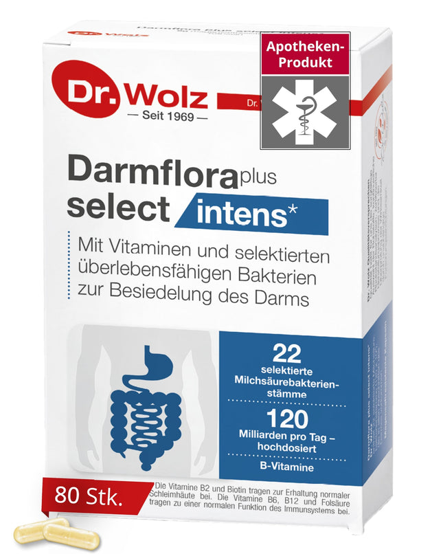 Dr. Wolz Darmflora plus select intens - 80 augstas devas kapsulas - 22 pienskābes baktēriju celmi - 120 miljardi baktēriju kultūru dienā - zarnu gļotādai un imūnsistēmai* - zarnu trakta ārstēšanai