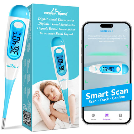 Easy@Home bazālais termometrs, auglības termometrs, ovulācijas tests cikla kontrolei un ovulācijas izsekošanai ar Premom lietotni, digitālais termometrs ar zilu fona apgaismojuma LCD displeju