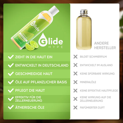 GlideHype PREMIUM masāžas eļļa IEDVESMA ar laima aromātu | Ādas kopšanas lubrikants jutekliskām masāžām un relaksācijai (150 ml)