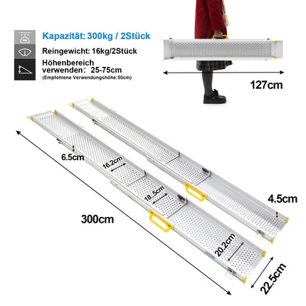LIEKUMM 2 x 127-300 cm ratiņkrēslu rampa, 300 kg kravnesības ratiņkrēslu rampa kāpnēm, pakāpieniem, pārnēsājama teleskopiska rampa elektriskajiem ratiņkrēsliem, velosipēdiem, trīskārši pagarināma