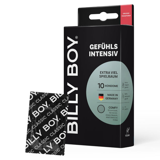 BILLY BOY prezervatīvi Sensational Intense 10 iepakojumā | 55–62 mm augšējā diapazonā | Prezervatīvi ar lielāku ietilpību (1x10 gab.)