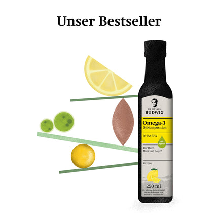 Dr. Johanna Budwig Omega 3 DHA+EPA Lemon (250ml) - linsēklu eļļa un Omega 3 aļģu eļļa - augsta deva (EPA DHA) - vegāna šķidrā aļģu eļļa, bērniem