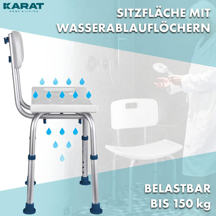 KARAT dušas krēsls ar noņemamu atzveltni, dušas krēsls senioriem, regulējams augstums 37-50 cm, kravnesība līdz 150 kg, neslīdošs un stabils, dušas sēdeklis, vannas krēsls, vannas krēsls Jonah