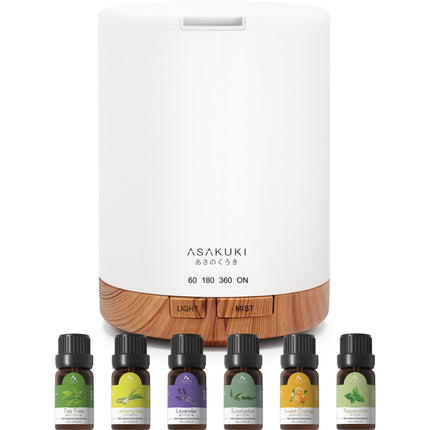 ASAKUKI 300ML aromātu difuzors ar 6 * 10ML ēterisko eļļu komplektu, ēterisko eļļu difuzors, ultraskaņas mitrinātājs mājas birojam, 15 krāsu LED ar 4 taimera iestatījumiem