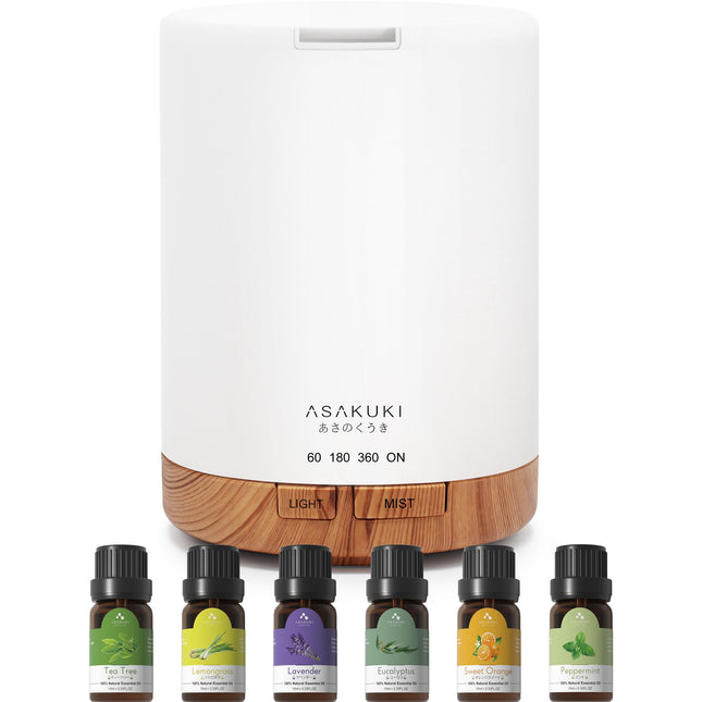 ASAKUKI 300ML aromātu difuzors ar 6 * 10ML ēterisko eļļu komplektu, ēterisko eļļu difuzors, ultraskaņas mitrinātājs mājas birojam, 15 krāsu LED ar 4 taimera iestatījumiem