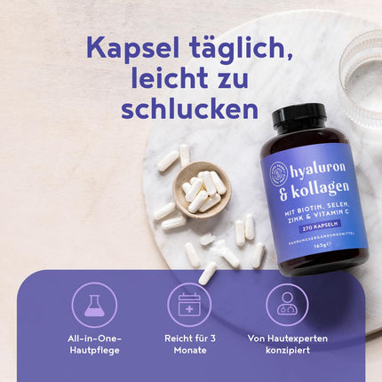 Hialuronskābes un kolagēna komplekss | 270 kapsulas | Augsta hialuronskābes, biotīna, selēna, cinka, C vitamīna un bambusa ekstrakta deva | Hialuronskābes kolagēna komplekss | Āda, mati, nagi | Alfa pārtikas produkti