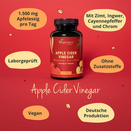 Ābolu sidra etiķa kapsulas | 1500 mg | Etiķa komplekss + Kajēnas pipari + Ingvers | Cukura līmenis asinīs* un vielmaiņa | Ābolu sidra etiķis | Laboratorijā pārbaudīts un vegāns | Vegavero®
