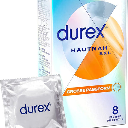 Durex Hautnah XXL prezervatīvi – īpaši plāni, ar lielu anatomisku, viegli uzvelkamu formu un lubrikēti ar silikona gēlu – 16 prezervatīvi iepakojumā (2 x 8 prezervatīvi)