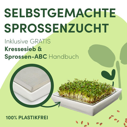 Green SEEDS® kressalātu sietu komplekts (1 kressalātu bļodiņa) | Nerūsējošā tērauda siets ar augstas kvalitātes keramikas bļodu | Audzēšanas paplāte 14 x 14 cm Droši mazgājama trauku mazgājamā mašīnā un nerūsējoša + Dīgšanas ABC ilgtspējīgi iepakots