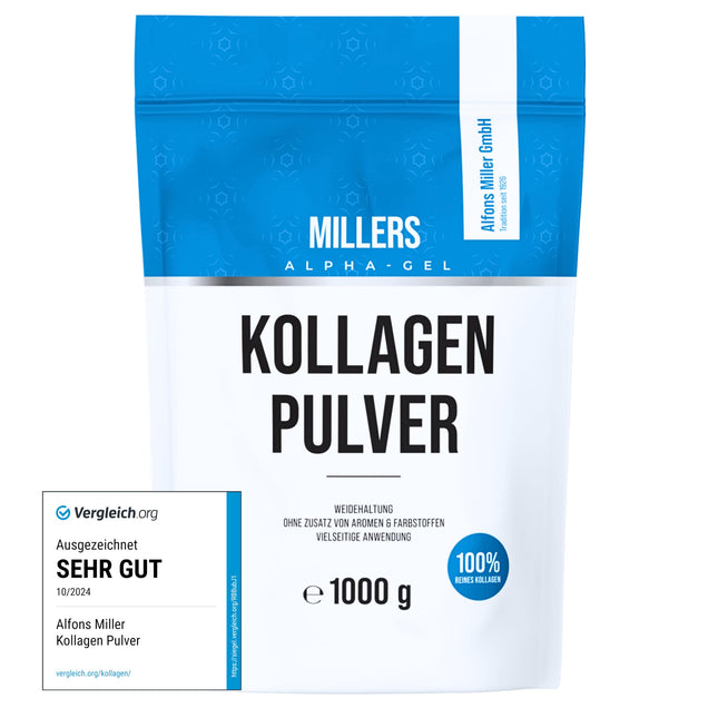 100% tīrs kolagēna pulveris – kolagēna peptīdi – kolagēna proteīns – Millers Alpha-Gel 1000 g – bez piedevām – bezgaršīgs – kolagēna pulveris, ražots Vācijā