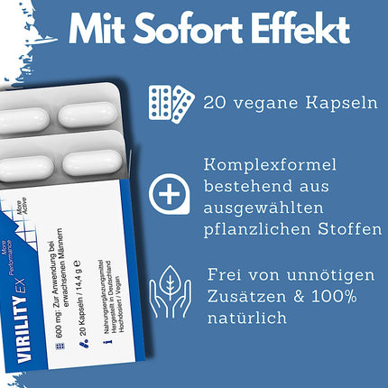 Virility EX - 600 mg aktīvā formula lietošanai pieaugušiem vīriešiem, 20 vegānas kapsulas – augsta deva un augstākā kvalitāte