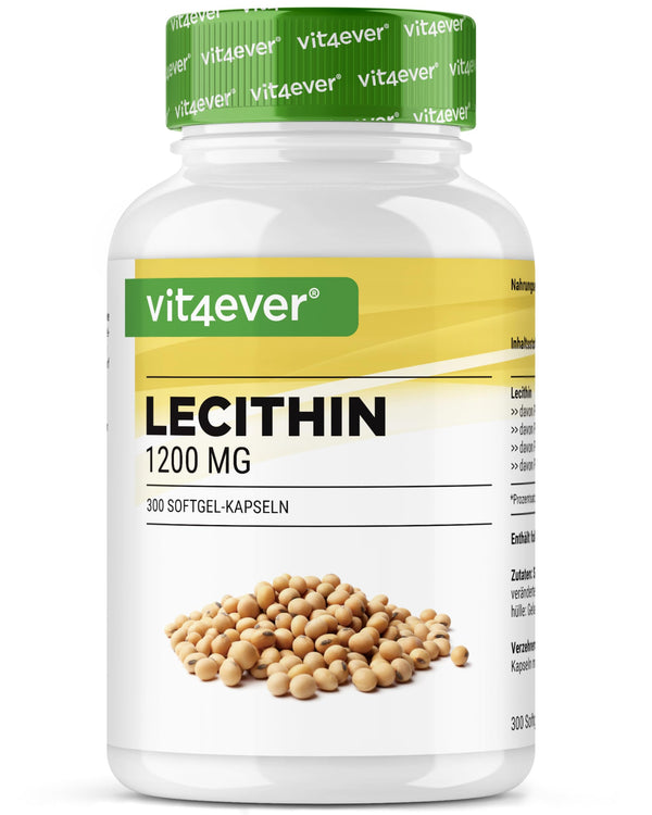 Lecitīns 1200 mg - 300 mīkstās kapsulas - Premium: Ar fosfatīdiem - Nesatur ĢMO sojas lecitīnu - Augsta deva - Augstākās kvalitātes