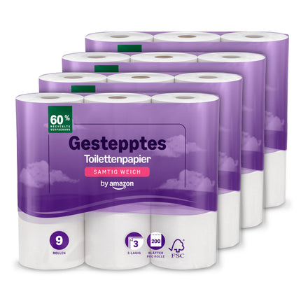 Amazon tualetes papīrs, 3 slāņu stepēts, samtaini mīksts, 36 ruļļi (9 ruļļi, 4 iepakojums), 200 loksnes rullī, FSC sertificēts