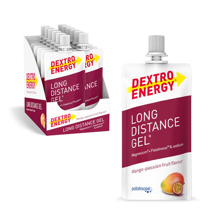 DEXTRO ENERGY LONG DISTANCE GEL MANGO-PASSION FRUIT + MAGNĒZIJS + NĀTRIJS - 12x50ml (12 iepakojums) - Enerģijas gels gariem treniņiem, ogļhidrātu koncentrāts ar pievienotiem elektrolītiem un Palatinose