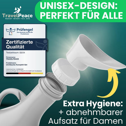 TRAVELPEACE® - pisuāra pudele - 3 vienā komplekts - ar komforta higiēnas birsti - ieskaitot Privātuma soma - pisuārs sievietēm un vīriešiem