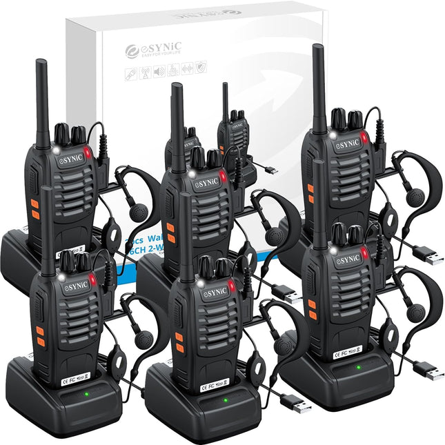 eSynic rācija bez licences PMR446 16 kanālu divvirzienu rācija uzlādējams VOX radio PMR 0,5 W radio uztveršana 16 kanālu rācija ar USB uzlādes staciju un austiņām (6 gab.)