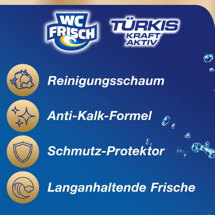 WC-Fresh Power Active Turquoise Rinse Sea Fresh (10 iepakojumi), tualetes tīrīšanas līdzeklis redzamai tīrīšanai ar tirkīza ūdeni, smaržakmeņi intensīvam tualetes aromātam