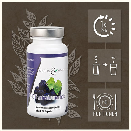60 OPC kapsulas. Ļoti augsta deva ar sertifikātu. 500 mg vīnogu kauliņu ekstrakta un 350 mg tīra OPC uz vienu vegānu kapsulu, kas paredzēts 2 mēnešu lietošanai.