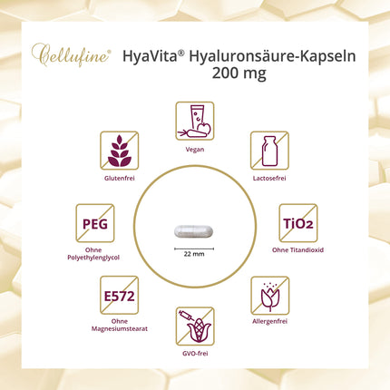 Cellufine® HyaVita hialuronskābe 150 kapsulas – augstas devas, augstas molekulmasas, bezglutēna, vegānas – 150 bezglutēna kapsulas ar HyaVita hialuronskābi | dabīgs un bez konservantiem