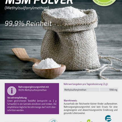 Vita2You MSM pulveris 1000g - (metilsulfonilmetāns) 99,9% tīrība - sieta koeficients 40-80 - 1kg organiskais sērs - augstākā kvalitāte