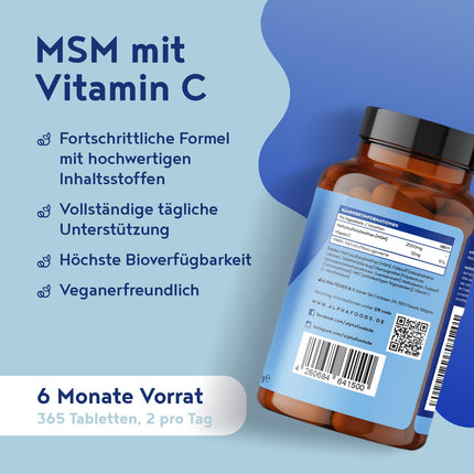 MSM 2000 mg ar C vitamīnu - 365 tabletes ar metilsulfonilmetānu - Kompaktāks MSM pulveris nekā kapsulās - Augstas devas un vegānisks - Alpha Foods