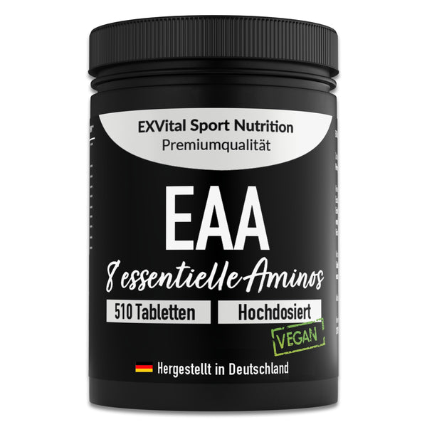 EXVital EAA tabletes ar 1036 mg vienā tabletē - 510 tabletes, visas 8 neaizvietojamās aminoskābes EAA - Multi Amino augsta deva - Vegāns - iepildīts Vācijā - bez piedevām