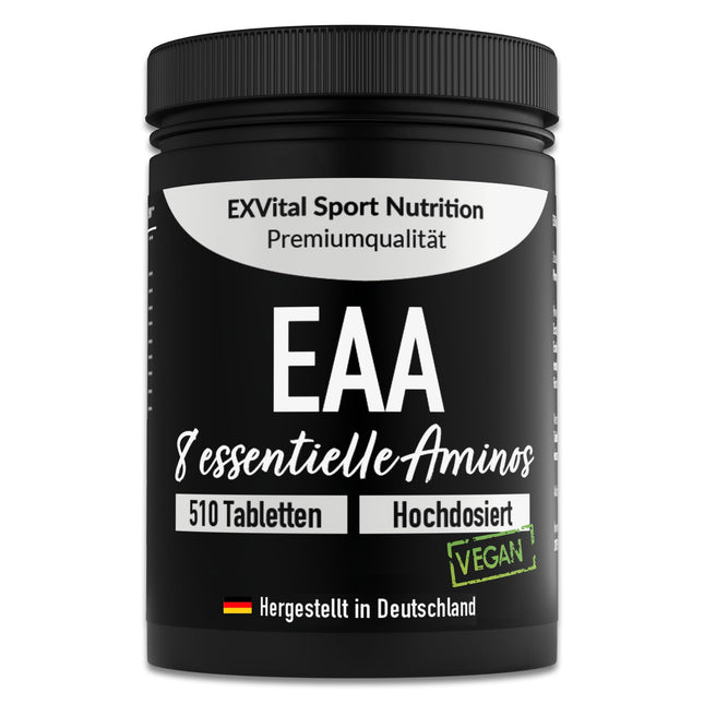 EXVital EAA tabletes ar 1036 mg vienā tabletē - 510 tabletes, visas 8 neaizvietojamās aminoskābes EAA - Multi Amino augsta deva - Vegāns - iepildīts Vācijā - bez piedevām