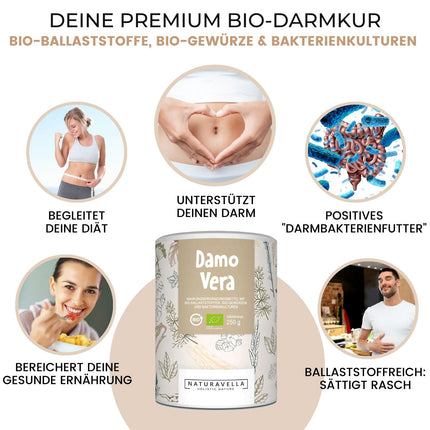 DamoVera® Bioloģiska zarnu trakta ārstēšana no ekspertiem | Augstākās kvalitātes organisko šķiedru, organisko garšvielu un baktēriju kultūru komplekss | Augsti koncentrēts, vegāns un laboratorijā pārbaudīts, 250 g