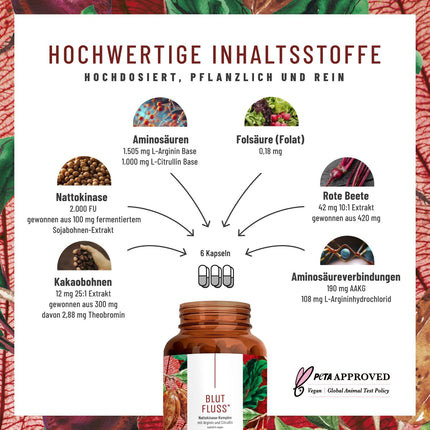 NATURTREU® Blood Flow augstas devas L-arginīna kapsulas ar citrulīnu – augstākās kvalitātes L-arginīna bāzes komplekss, L-arginīns (AAKG), L-arginīna HCl – 180 vegānas kapsulas, ražotas Vācijā un laboratorijā pārbaudītas