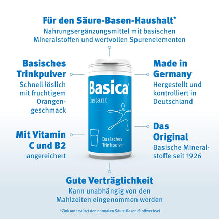 Basica® Instant bāzes pulveris ar augļu apelsīnu garšu, kas šķīst ūdenī | normālam skābju-bāzes līdzsvaram | vegāns | bez laktozes | dažādi sārmaini minerāli | 300 grami
