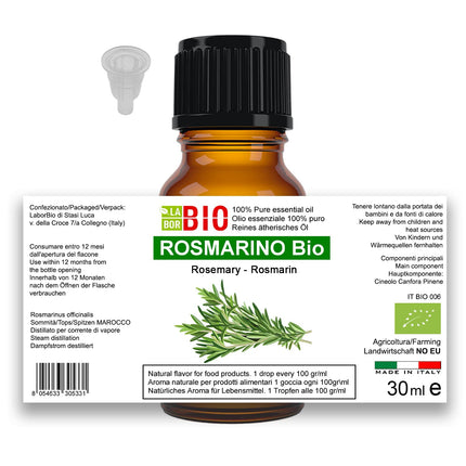 Rozmarīna eļļas organiskā ēteriskā eļļa 100% tīra 30 ml - Aromterapijas kosmētiskā terapeitiskā iedarbība - Laborbio