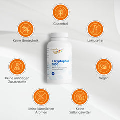 L-triptofāns - Augsta L-triptofāna deva 1000 mg uz tableti (120 vegānas tabletes) - Aminoskābe no augu fermentācijas - bez nevēlamām piedevām, bez glutēna un bez laktozes - vitaworld