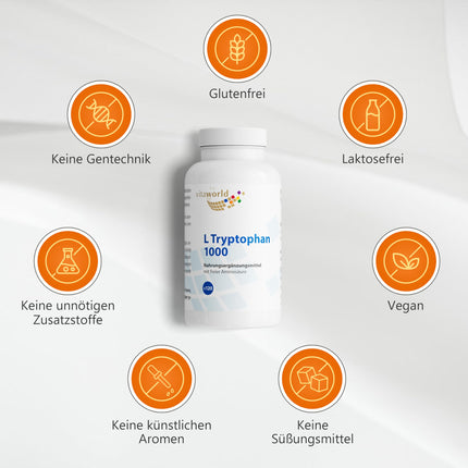 L-triptofāns - Augsta L-triptofāna deva 1000 mg uz tableti (120 vegānas tabletes) - Aminoskābe no augu fermentācijas - bez nevēlamām piedevām, bez glutēna un bez laktozes - vitaworld