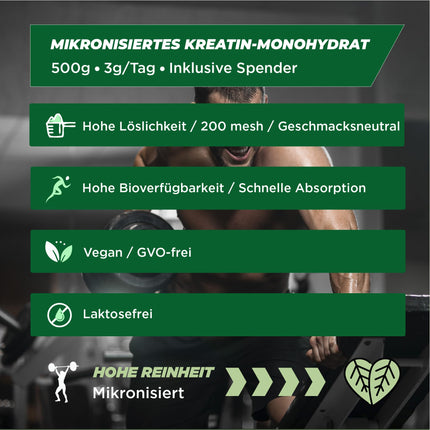 Kreatīna monohidrāta pulveris 500g | 100% kreatīna monohidrāta pulveris mikronizētā veidā | Bezgaršīgs | Ieskaitot dozatoru | Optimāla šķīdība | Vegāns | Bez ĢMO