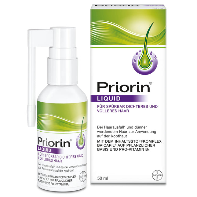 Priorin šķidrums - pret matu izkrišanu un matu retināšanu - augu izcelsmes - ar provitamīnu B5 un Baicapil - kuplāki mati jau pēc 12 nedēļām - 1 x 50 ml