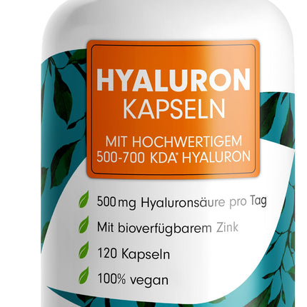 Hialuronskābes kapsulas 120x - optimāli dozētas ar 500 mg hialuronskābes dienā - augstas kvalitātes 500-700 kDa hialuronskābe + 2 mg bioloģiski pieejams cinks - laboratoriski pārbaudītas ar sertifikātu - 100% vegānisks