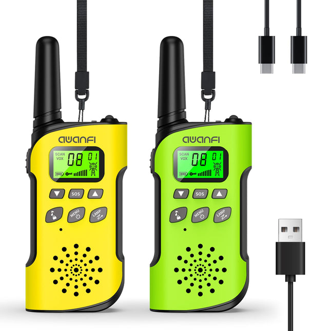 AWANFI Walkie Talkie Kids, rācija ar uzlādējamu litija jonu akumulatoru, divvirzienu radio komplekts, rācija ar VOX funkciju, LCD lukturītis, taustiņu slēdzene, rācija dāvanu kempinga piedzīvojumiem, 3-12 gadi