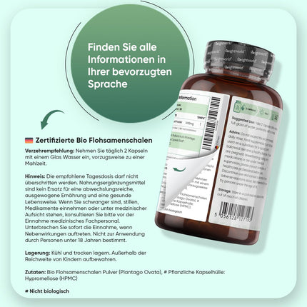 Organiskas psyllium sēnalas 1400 mg vienā porcijā - 180 vegānu kapsulas - 3 mēnešu krājumi - Psyllium sēnalas - bez glutēna un ĢMO - sertificēts bioloģisks psyllium sēnalu pulveris no WeightWorld