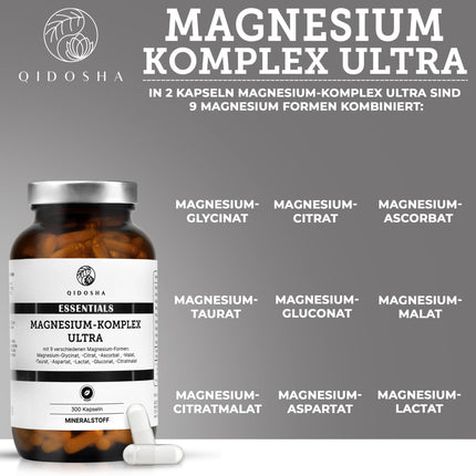 QIDOSHA® magnija komplekss ar augstu devu, 300 kapsulas farmaceita glāzē, 9 Mg formas ar papildinošām aktīvajām sastāvdaļām kā pilna spektra Mg, 300 mg elementārā magnija/dienā
