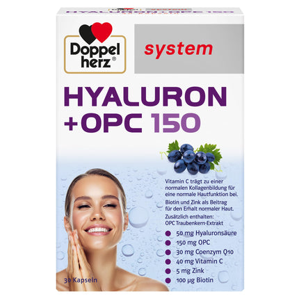 Doppelherz sistēma HYALURON + OPC 150 - Ar 50 mg hialuronskābes un 150 mg OPC no vīnogu kauliņu ekstrakta un ar C vitamīnu - 30 kapsulas